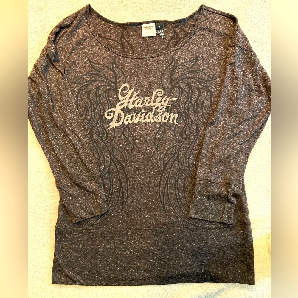 Women’s 3/4 sleeve Harley Davidson top; medium; black design; brown with tan